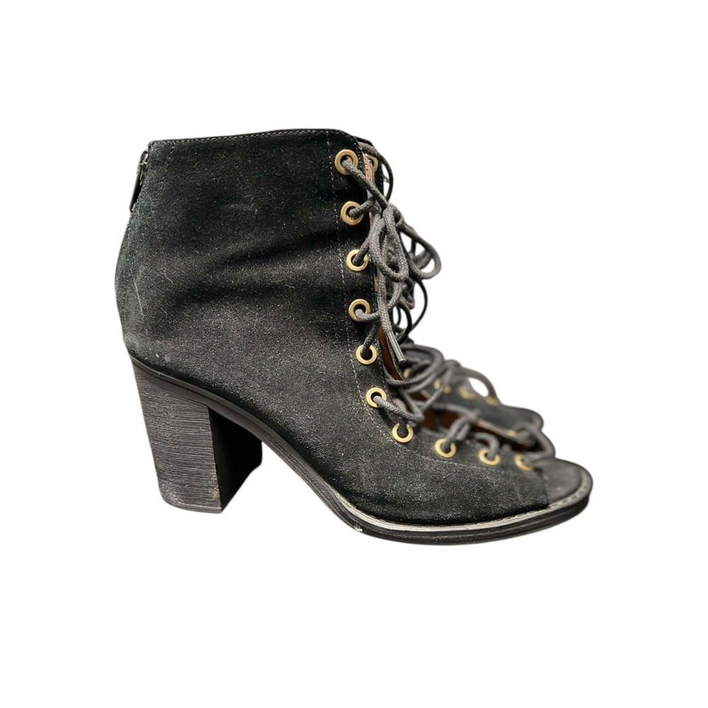 Jefferey Campbell Black Suede Peep Toe Lace Up Block Heel Ankle Booties Women 8